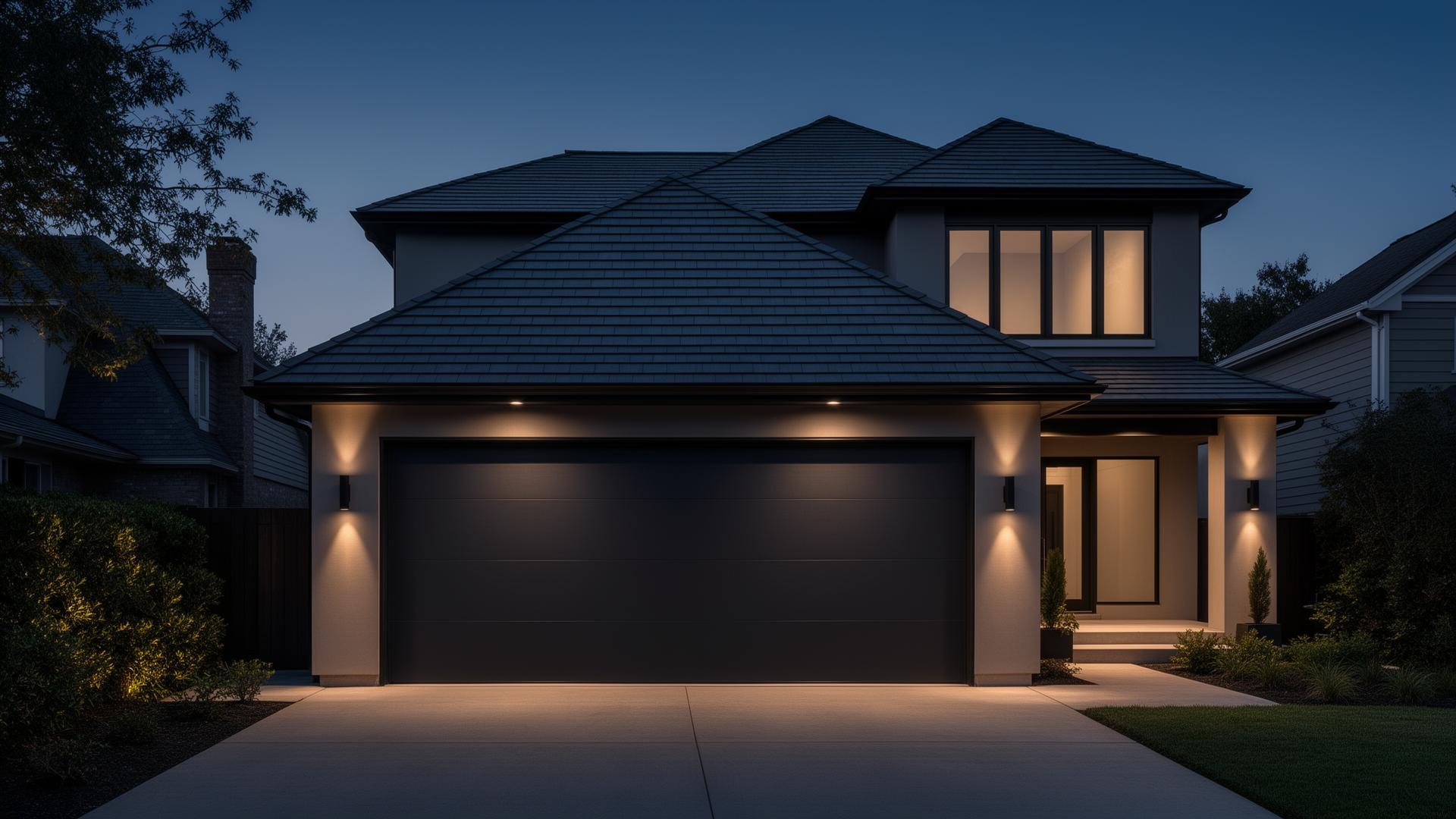 Modern luxury garage door at dusk in Ruskin FL